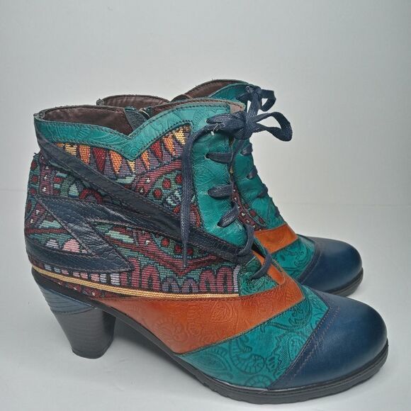 SOCOFY Bohemian Splicing Pattern Block Zipper Ankle Leather Boots - Picture 4 of 10